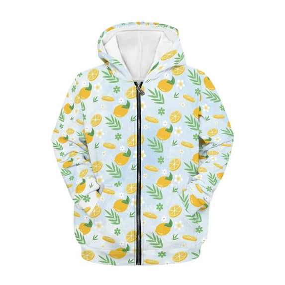 Xoenoiee Flower Lemon Print Kids Zip Up Hoodie for Girls Boys 14-16 Years Fall Outfits Hooded Jacket with Pocket Teens Youth Athletic Hoodies Long Sleeve Casual Coat Top