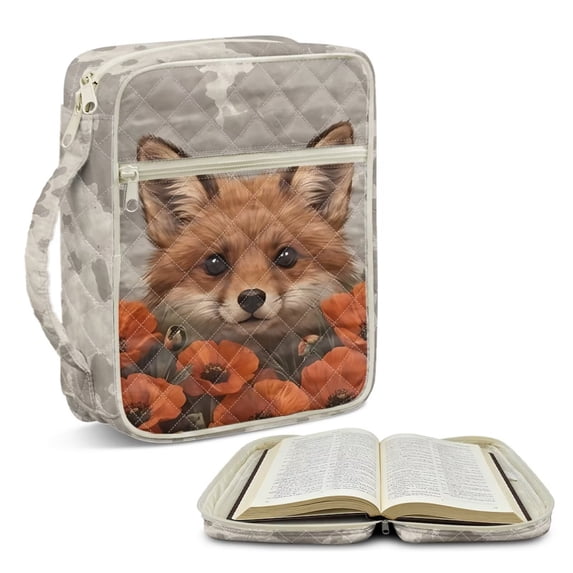 Xoenoiee Fox Flower Pattern Bible Cover Case for Women Men Girls Kids, Large Quilted Bible Case with Handle and Pocket, Portable Bible Tote Bag Study Supplies