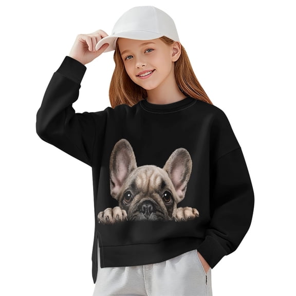 Xoenoiee French Bulldog Print Girls Oversized Sweatshirts Casual Long Sleeve Crewneck Side Slit Tops 2025 Fall Loose Pullover Sweatshirt, 7-8 Years