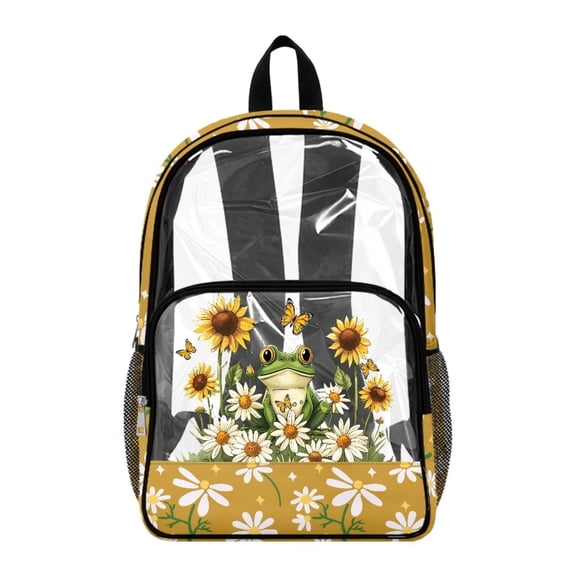 Xoenoiee Frog Butterfly Sunflower Daisy Print 17 Inch Backpack for Kids Girls PVC Transparent Clear Bookbag with Adjustable Straps, See Through School Bag for Preschool Elementary Kindergarten