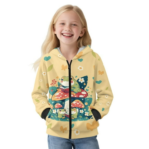 Xoenoiee Frog Mushroom Butterfly Flower Print Full-Zip Fleece Hoodie Sweatshirt for Girls Long Sleeve Jacket with Pocket Sport Outdoor Fall Outfits Casual Jumper Sweater T-shirt, XL