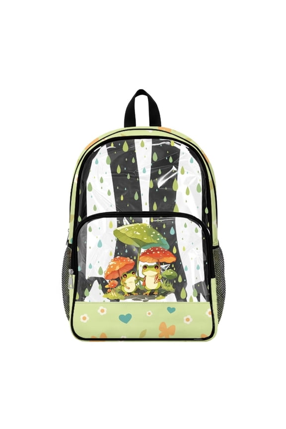 Frog Mushroom Raindrops Print Clear Backpack PVC Transparent Bookbag with Padded Straps for Girls, Large Capacity See Through Heavy Duty Back Pack for Work Travel Concert Festival Security