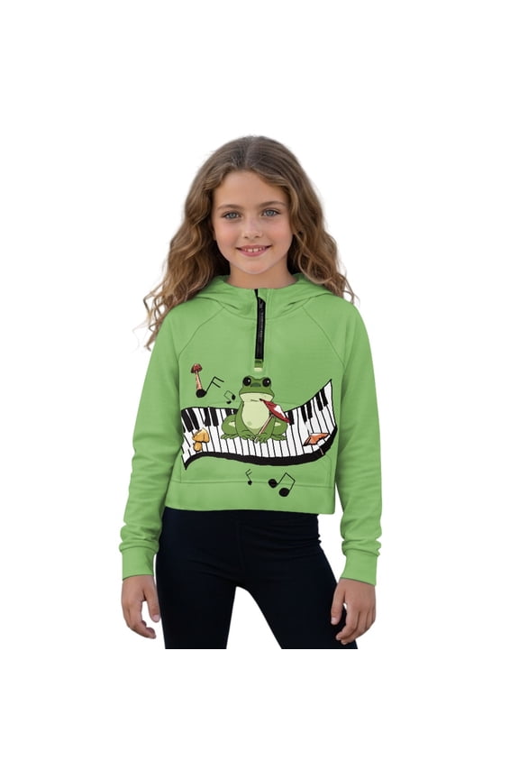 Frog Music Note Print Girls Kids Sweatshirt Half Zipper Pullover Crop Tops with Kangaroo Pocket for Teen Girls Long Sleeve Hoodie Fall Clothes, 11-12 Years