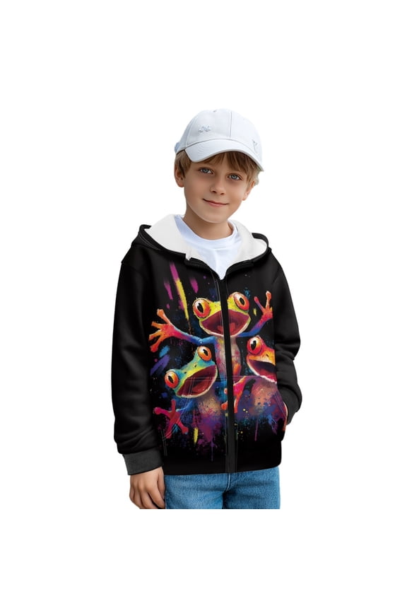 Frog Paint Splatter Print Fleece Hoodies Sweatshirt for Kids Boy Long Sleeve Graphic Sweatshirt Athletic Yoga Clothes Pullover Tops Joggers Shirt Fall Outfits Activewear with Zipper, XL