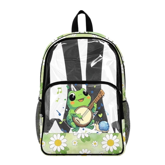Xoenoiee Frog Snail Guitar Music Note Print Clear Backpack for Girls Waterproof Clear Bookbag Daypack, Plastic See Through Backpack Transparent Knapsack PVC Rucksack for Stadium Events and School