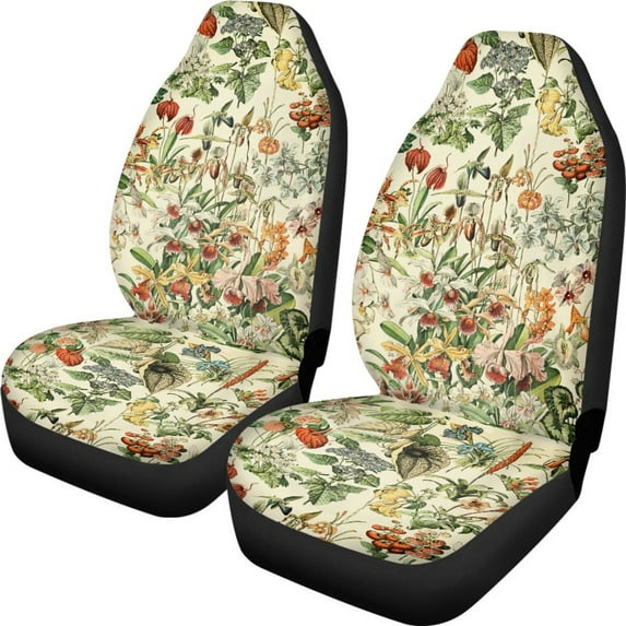 Xoenoiee Front Car Seat Cover for High Back Bucket Seat, Universal Fit, Retro Floral Leaf Print Auto Seat Covers for Cars Trucks SUV or Van, Car Seat Cover Set of 2