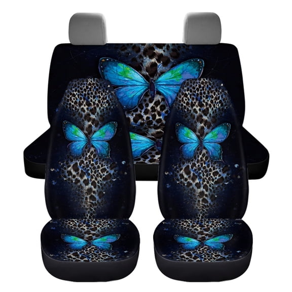 Xoenoiee Front Car Seat Covers + Bench Seat Protector Pads Auto Seat Cover Full Set Pet Dog Seat Pads for Car, Leopard Butterfly Print, Auto Accessories, Universal Fit
