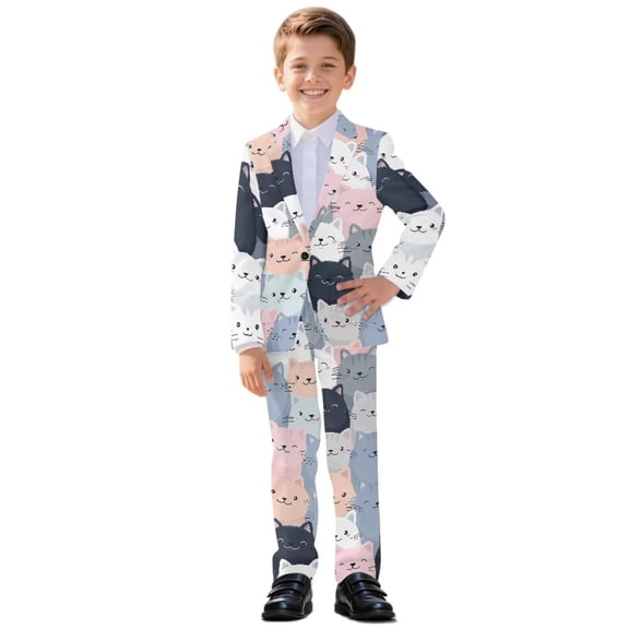 Xoenoiee Funny Cat Print Boys' Tuxedo Suit Set with Blazer and Pants, 2-Piece Slim Fit Formal Outfit for Wedding, Ring Bearer, Prom and Graduation, 5-6 Years