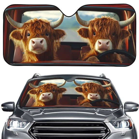 Xoenoiee Funny Highland Cattle Print Car Windshield Sun Shade Foldable Auto Front Windshield Shade for Sun, Heat and UV Rays, Sunshade for Car Front Window and Interior Sun Protection