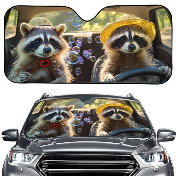 Xoenoiee Funny Raccoon Bubble Print Car Windshield Sun Shade Foldable Car Front Window Sunshade for Most Sedans SUV Truck, Blocks UV Rays and Keeps Your Vehicle Cool