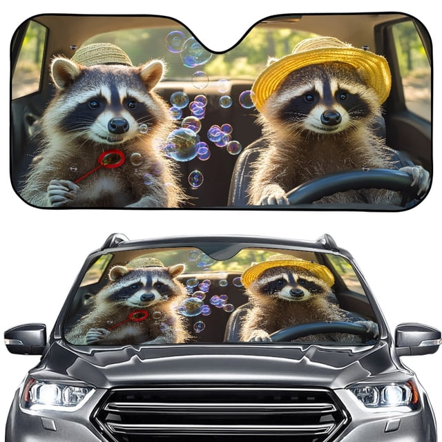 Xoenoiee Funny Raccoon Bubble Print Car Windshield Sun Shade Foldable Car Front Window Sunshade for Most Sedans SUV Truck, Blocks UV Rays and Keeps Your Vehicle Cool