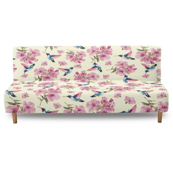 Xixirimido Futon Slipcover Armless Futon Bed Sofa Cover Furniture Protector with Elastic Bottom, Soft and Washable Futon Covers for Sofa Bed, Cherry Blossom Hummingbird