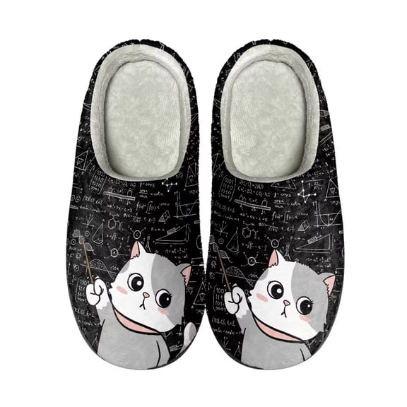 Xoenoiee Fuzzy Slippers Math Cat Print Comfortable Slippers for Winter Warm Slippers with Non-Skid Sole for Women Men Indoor Outdoor Slip-On House Shoes, 9-10 W/7-8 M