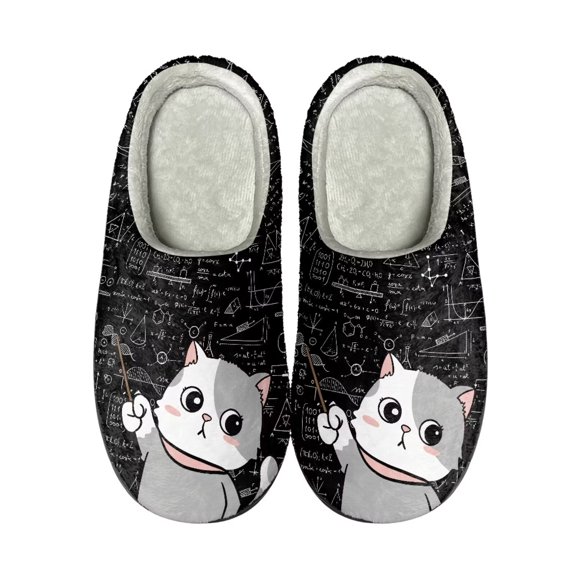 Xoenoiee Fuzzy Slippers Math Cat Print Comfortable Slippers for Winter Warm Slippers with Non-Skid Sole for Women Men Indoor Outdoor Slip-On House Shoes, 5.5-6.5W/4-5 M