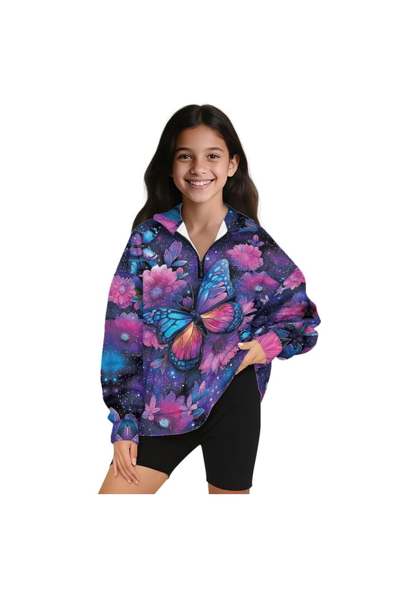 Galaxy Butterfly Daisy Flower Print Girls Half Zipper Sweatshirts Oversized Trendy Fall Pullover Tops for Teen Girls Long Sleeve Sweater Clothes，Size 5-6 Years