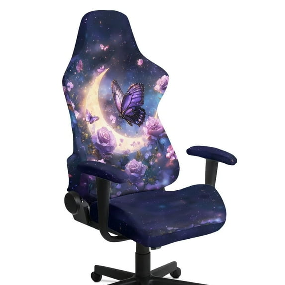 Xoenoiee Galaxy Butterfly Moon Rose Flower Pattern Gaming Chair Cover Set, Stretchable Game Chair Slipcovers with 2 Armrest Covers, Scratch-Proof Gamer Desk Chair Covers for Computer Office Seat