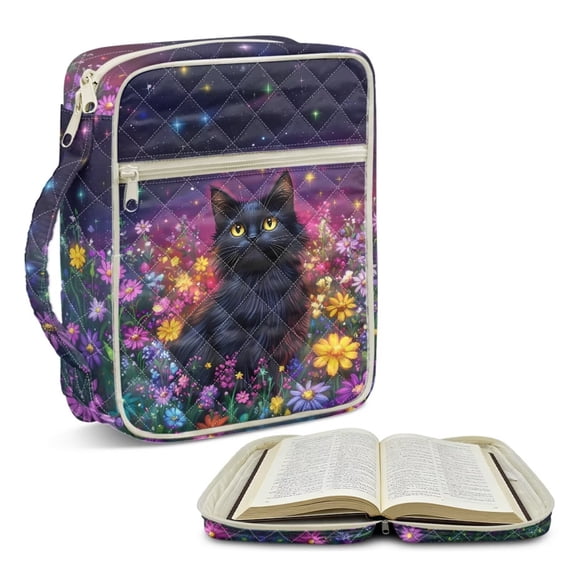 Xoenoiee Galaxy Cat Daisy Flower Print Quilted Bible Cover Carrying Book Case for Women Men Lightweight Bible Bag Bible Protective with Handle and Zippered Pocket