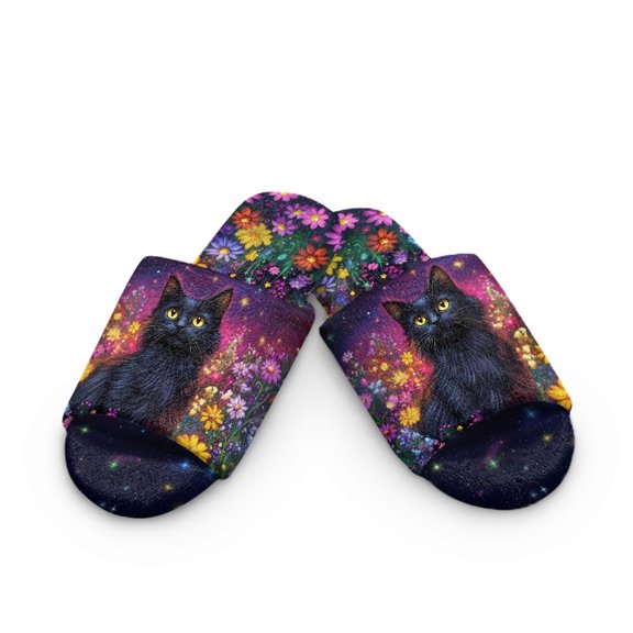Xoenoiee Galaxy Cat Daisy Print House Warm Slippers for Women Men Soft Open Toe Slippers Breathable Indoor Slip on Mens Slides Sandals with Memory Foam for Home Bedroom, 6-7 Women/ 5-6 Men
