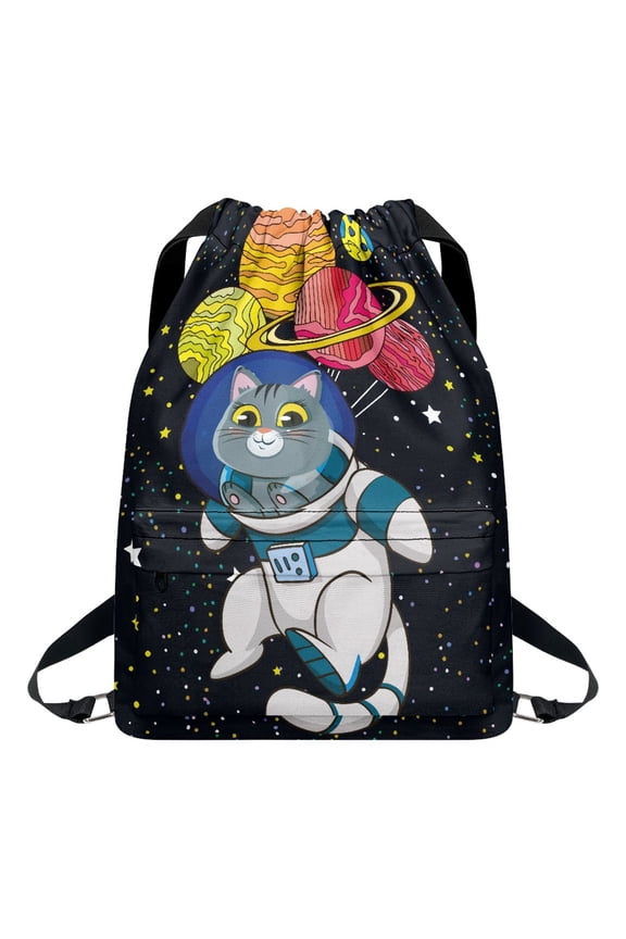 Galaxy Cat Print Drawstring Backpack for Men Women, Waterproof Gym Bag Sackpack Sports Bag Draw String Backpacks for Cycling Basketball Soccer Yoga
