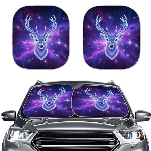 Xoenoiee Galaxy Deer Butterfly Print Windshield Sunshade, Foldable 2 Pack Car Front Window Sun Shade, Blocks UV Rays Sun Visor, Universal Size Car Accessories Interior