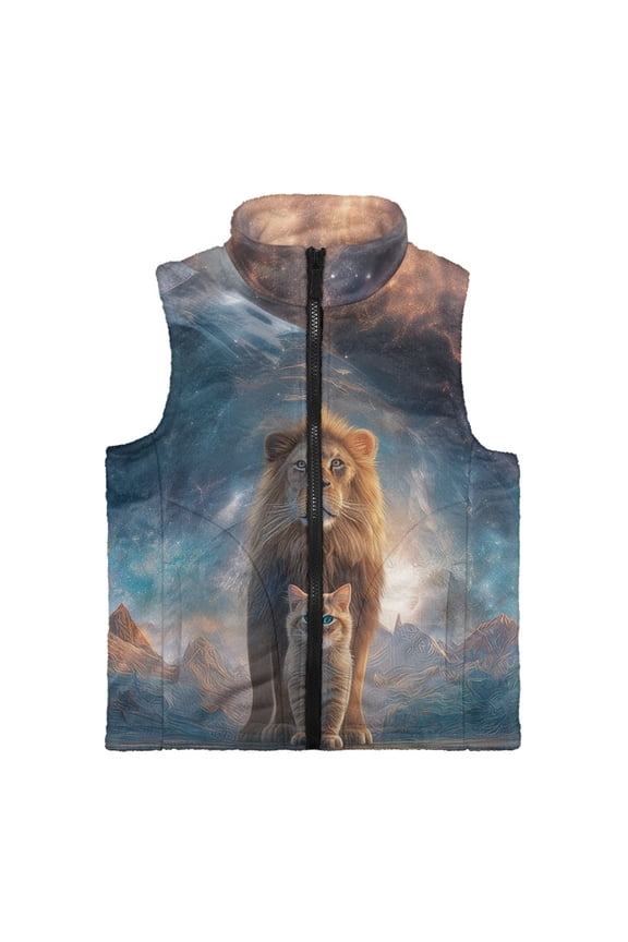 Galaxy Lion Cat Print Jacket for Teen Boys Sleeveless Fleece Vest Full Zipper Stand Collar Jacket Warm Outwear Teen Winter Clothes, Size 2T