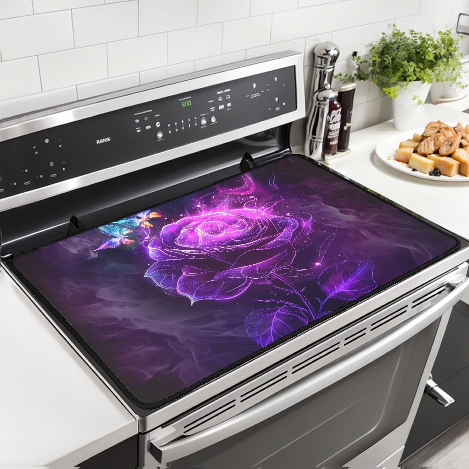 Xoenoiee Galaxy Rose Butterfly Print Stove Top Cover Mat, 29"x21" Silicone Electric Stove Top Protector, Heat Resistant Glass Cooktop Cover, Kitchen Range Covers for Electric Stove, Dish Drying Mat