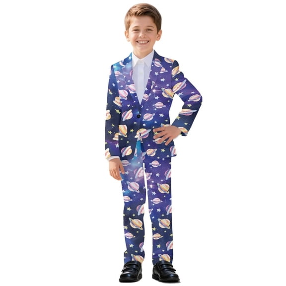 Xoenoiee Galaxy Star Space Planet Print Boy Suit Slim Fit Suits for Boys 2 Piece Winter Retro Blazer Wedding Ring Bearer Outfit Tuxedo, 7-8 Years
