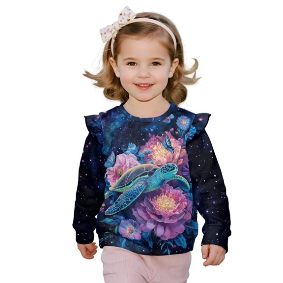 Xoenoiee Galaxy Turtle Butterfly Flower Print Sweatshirts for Girls Long Sleeve Crew Neck Shirts Fleece Pullover Top Dressy Ruffle Trim Tees Shirts Fall Spring Clothes, Size 3-4 Years