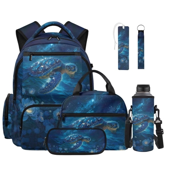 Xoenoiee Galaxy Turtle Flower Print Backpack with Lunch Bag Pencil Case Water Bottle Sleeve Bookmark Keychain 6pcs, Lightweight Water Resistant Bookbag Schoolbags Rucksack for Middle School Girls