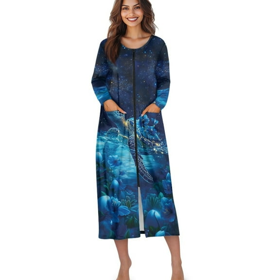 Xoenoiee Galaxy Turtle Flower Print Zipper Front Robes for Women House Coat Long Sleeve Loungewear Crew Neck Long Nightgown with 2 Pockets, XL