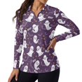 thumbnail image 1 of Xoenoiee Ghost Bat Star Print Womens Long Sleeve Polo Golf Shirts Halloween V Neck Tops Loose Fit Collared Tops Not Clingy Stretchy Business Casual Summer Fall Clothing Office Outfits, Size 2XL, 1 of 7