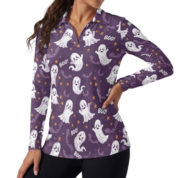 Xoenoiee Ghost Bat Star Print Womens Long Sleeve Polo Golf Shirts Halloween V Neck Tops Loose Fit Collared Tops Not Clingy Stretchy Business Casual Summer Fall Clothing Office Outfits, Size 2XL