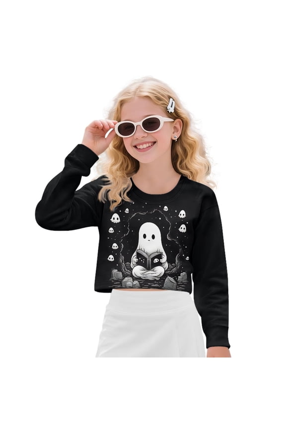 Ghost Book Print Girls Crop Tops Oversized Crewneck Long Sleeve Sweatshirts Kids Fashion Drop Shoulder Pullover, 5-6 Years