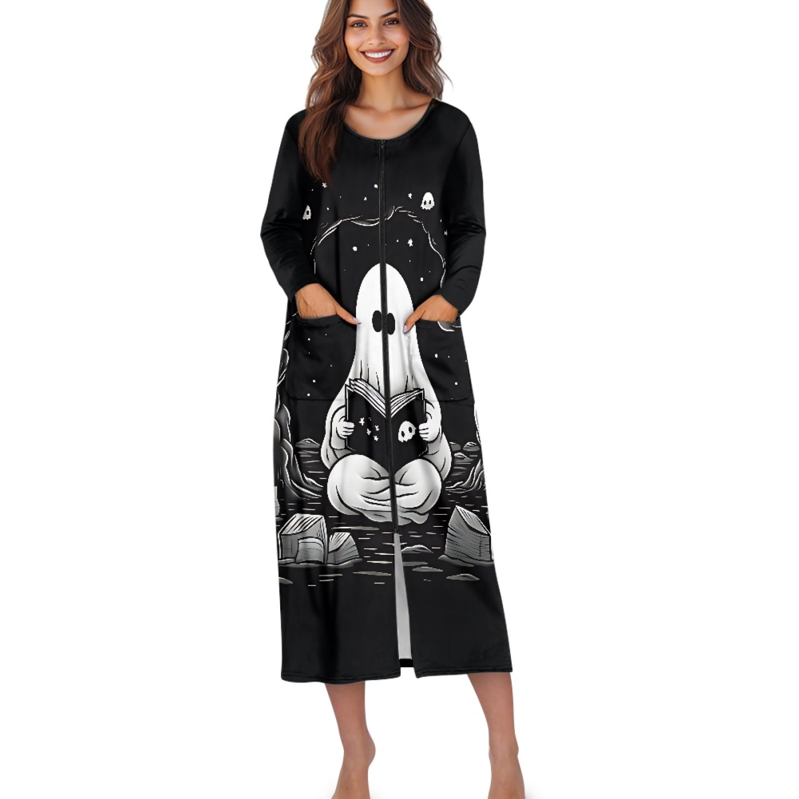 Xoenoiee Ghost Book Print Women Zipper Robe Long Sleeves Loungewear ...