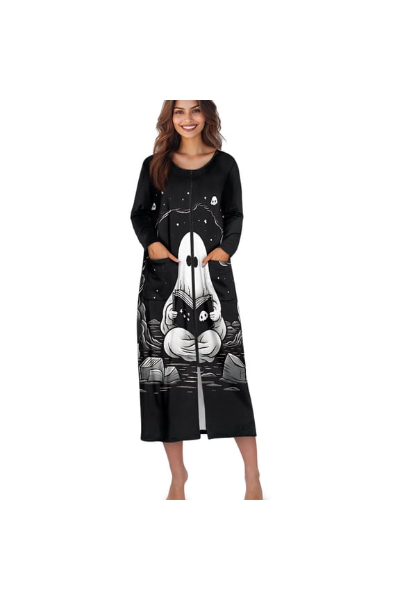 Ghost Book Print Women Zipper Robe Long Sleeves Loungewear Dress Halloween Full Length Sleepwear Pockets Housecoat Nightgown Long Bathrobe, S