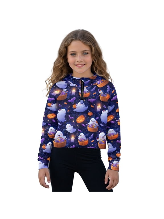 Ghost Pumpkin Bat Candy Print Girls Zip Up Hoodie Long Sleeve Halloween Cropped Sweatshirt Kids Crop Top Pullover Fall Outfits with Front Pocket, Size 11-12 Years