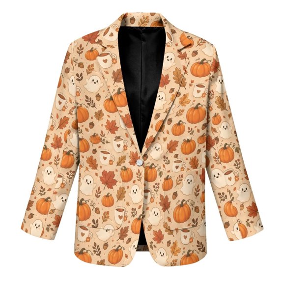 Xoenoiee Ghost Pumpkin Fall Coffee Cup Womens Sweater Blazers Business Casual Long Sleeve Work Cardigan Halloween Open Front Dressy Casual Suit Jackets Button Down Collar Lapel Front Pockets, 3XL