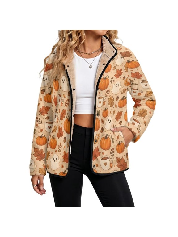 Ghost Pumpkin Maple Leaves Thanksgiving Print Fleece Jacket Women Button Down Fuzzy Sherpa Jackets Long Sleeve Fuzzy Warm Fall Winter Coats Lapel Collar Teddy Jackets Lounge Outerwear, XL