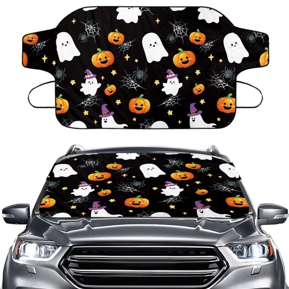 Xoenoiee Ghost Pumpkin Star Spider Web Print Windshield Cover for Ice and Snow, Windshield Frost Cover Ice Removal Wiper Protector, Windshield Snow Ice Cover Halloween Decor for Car Truck Van SUV