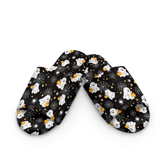 Xoenoiee Ghost Pumpkin Star Spider Web Print Women Men Flannel Slippers Slip on House Shoes Halloween Warm Breathable Fleece Slippers Open Toe Shoes for Home Hotel, 4.5-5 Women/3.5-4.5 Men