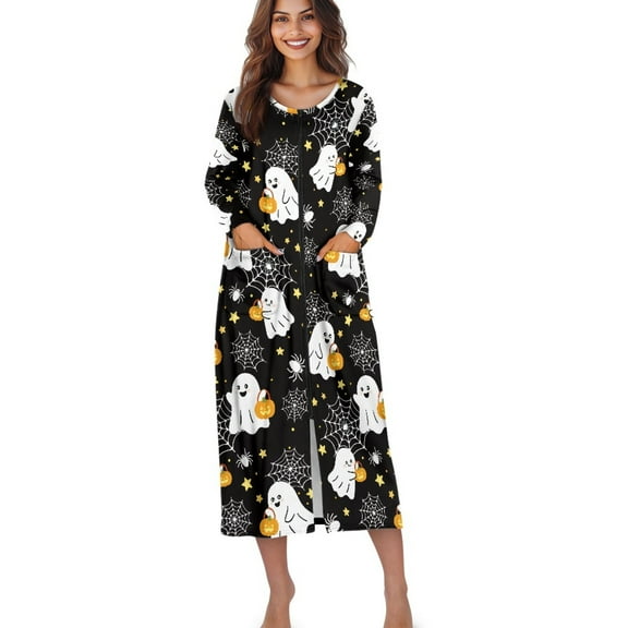 Xoenoiee Ghost Pumpkin Star Spider Web Print Women Robe Zipper Front House Coat Halloween Long Sleeve Nightgown Full Length Ladies Lounge Dress with Pockets, Size 3XL