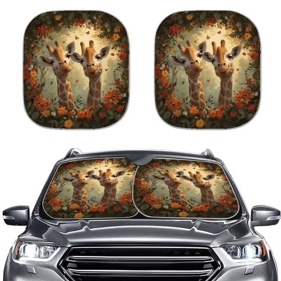 Xoenoiee Giraffe Butterfly Daisy Flower Print 2 PCS Car Windshield Sunshade Blocks Heat Keeps Interior Cool, Universal Fits Cars, SUVs, Trucks, Automotive Sun Screen Visor Car Accessories for Summer