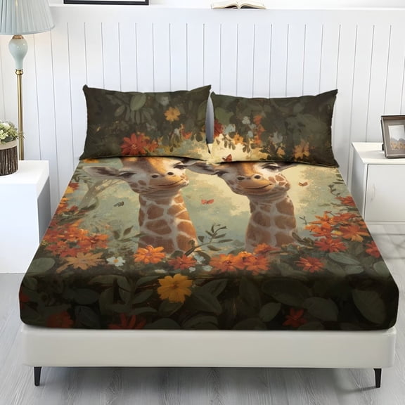 Xoenoiee Giraffe Butterfly Daisy Flower Print 3-Piece Set Fitted Sheet & 2 Pillowcase, Soft Fitted Bottom Sheet Wrinkle Free Fade Resistant Deep Pocket Bed Sheet, King Size