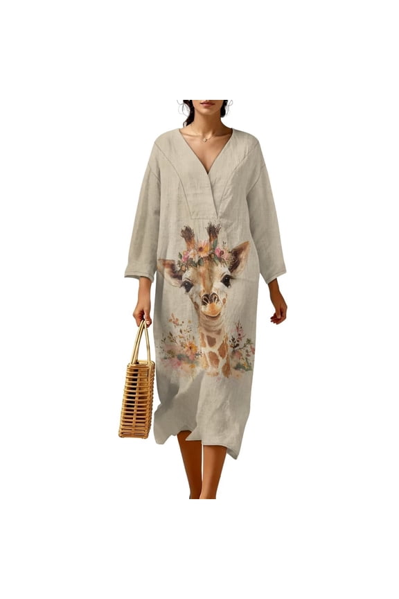 Giraffe Flower Print Summer Dresses for Women Flowy Casual 3/4 Sleeve Midi Dress V Neck Beach Vacation Sundresses Plus Size, S