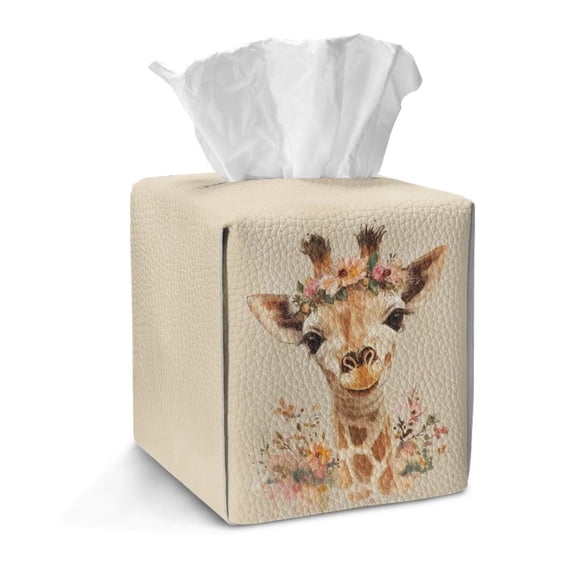 Xoenoiee Giraffe Flower Print Tissue Box Cover Square PU Leather Tissue Box Cover Holder with Bottom Snap Decorative Organizer for Tabletop, Bathroom, Car, Office, Kitchen