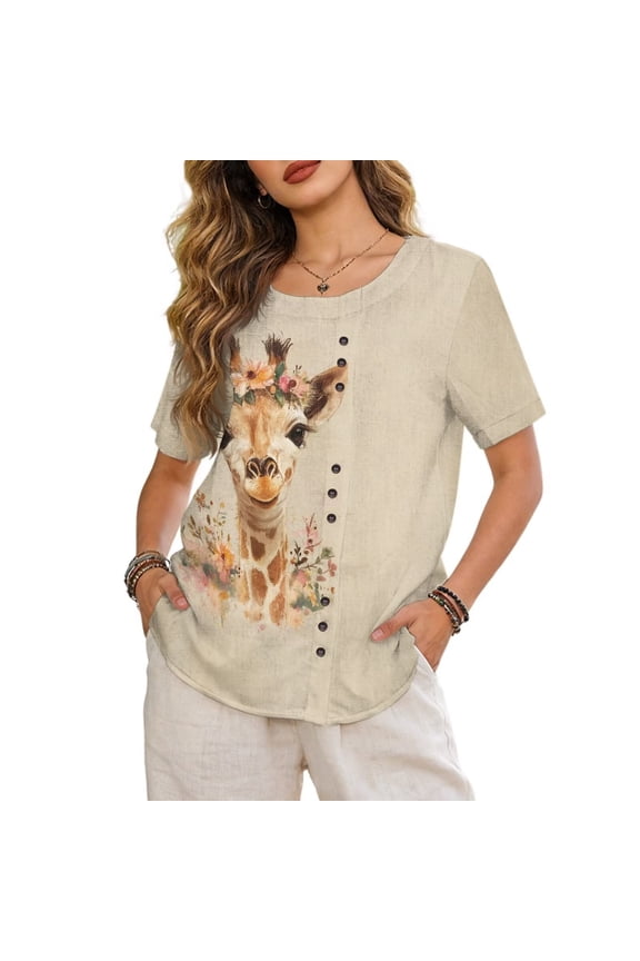 Giraffe Flower Print Women's Linen Shirt Round Neck Tunic Top Button Down Short Sleeve Blouses Tops Lightweight Loose T Shirts Spring Summer Basic Tees, 4XL