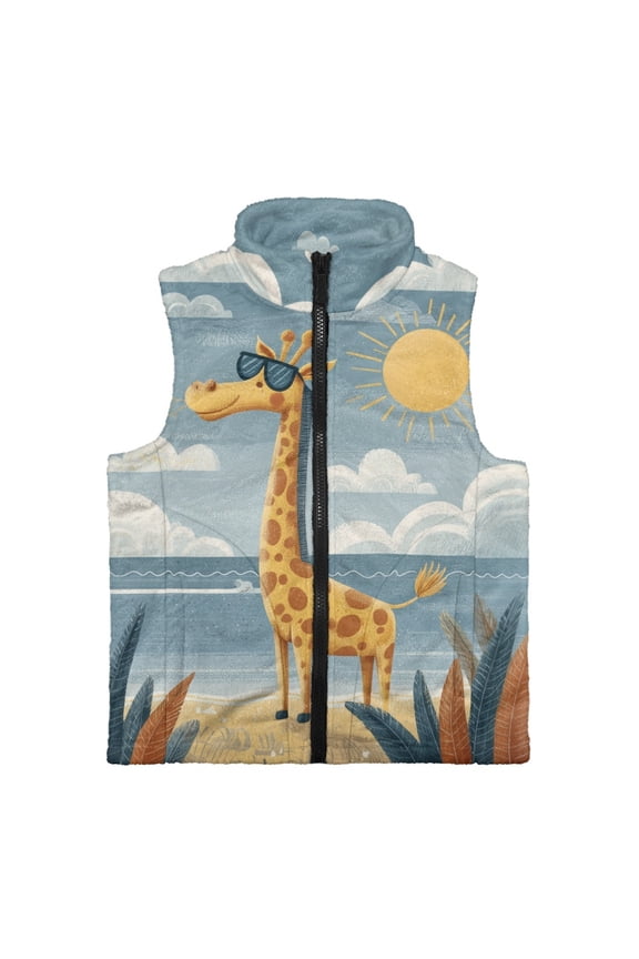 Giraffe Sun Cloud Print Boys Fleece Vest Sleeveless Outerwear Zipper Jacket Athletic Fall Winter Warm Coat with Pockets, Size 3T