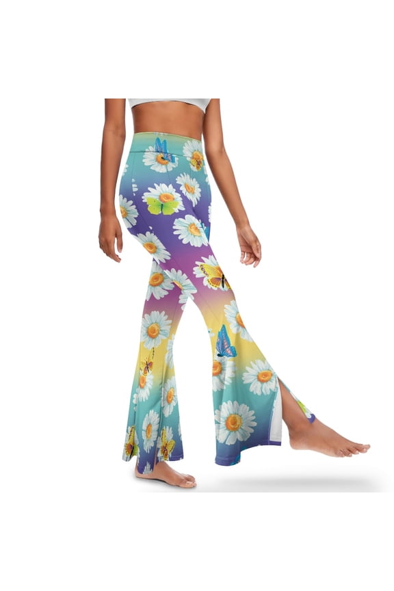 Girls' Flared Yoga Pants Slit Front Flared Leggings for Women High Waisted Bootcut Yoga Pants Tummy Control Workout Leggings Gym Leggings, L, Daisy Butterfly Rainbow