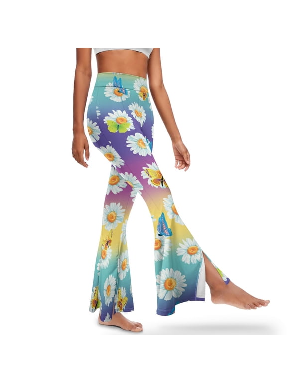 Girls' Flared Yoga Pants Slit Front Flared Leggings for Women High Waisted Bootcut Yoga Pants Tummy Control Workout Leggings Gym Leggings, M, Daisy Butterfly Rainbow