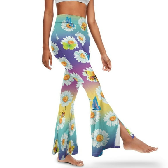 Xoenoiee Girls' Flared Yoga Pants Slit Front Flared Leggings for Women High Waisted Bootcut Yoga Pants Tummy Control Workout Leggings Gym Leggings, S, Daisy Butterfly Rainbow